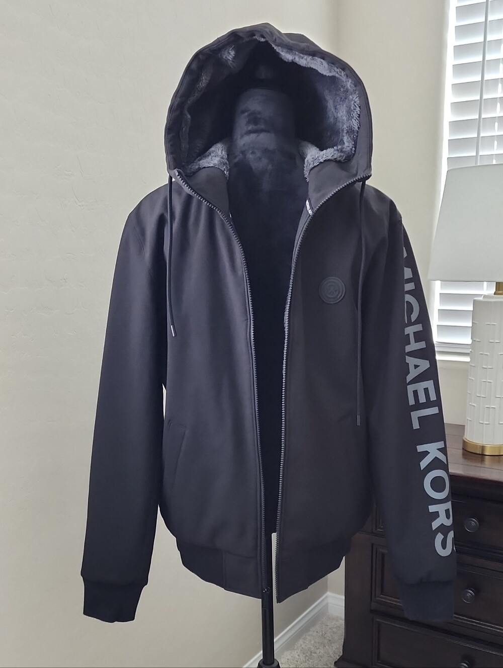 Michael Kors Black Hooded Puffer Jacket with Branded Sleeve